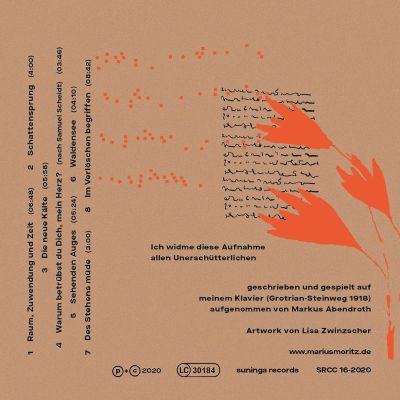CD-R&uuml;ckseite von Marius Moritz in Terrakotta mit Tracklist, abstrakten Mustern und einer stilisierten orangefarbenen Feder. | Copyright: Marius Moritz